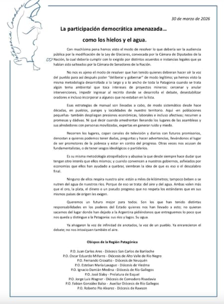 El documento de obispos de la Patagonia en contra de la Ley de Glaciares