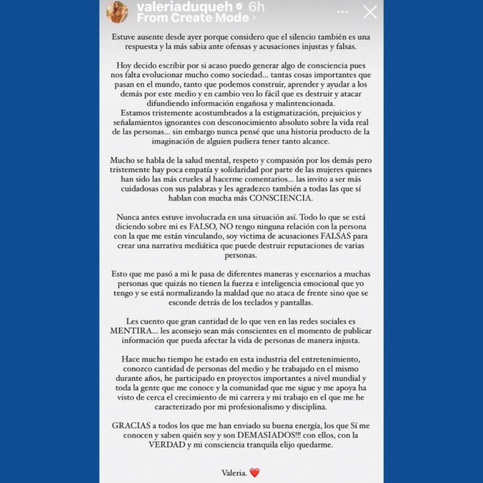 Posteo de Valeria Duque tras la separación de Rauw Alejandro y Rosalia. Foto: @valeriaduqueh.