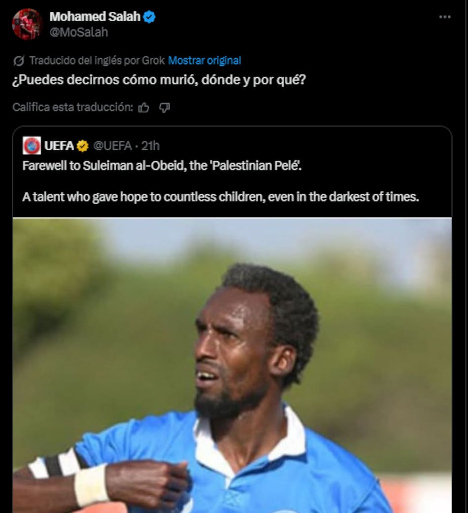 El mensaje de Mohammed Salah contra la UEFA por la muerte de Suleiman al-Obeid, el "Pelé palestino".