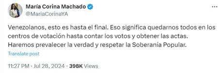 Tuit de María Corina Machado