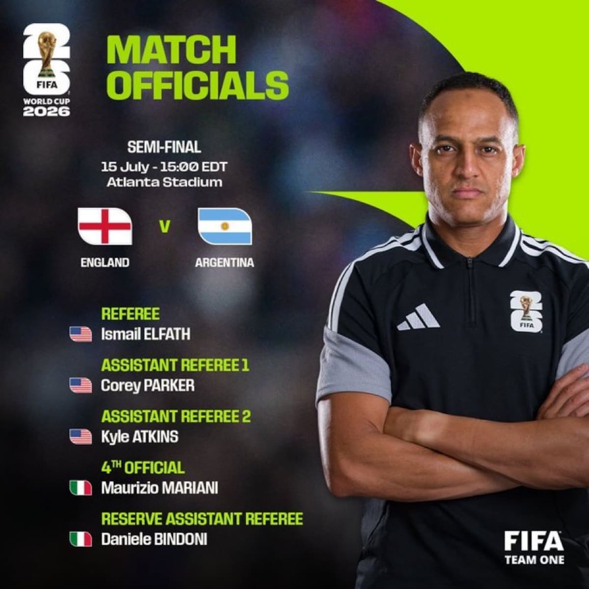 El árbitro de Argentina - Inglaterra es el estadounidense Ismail Elfath.