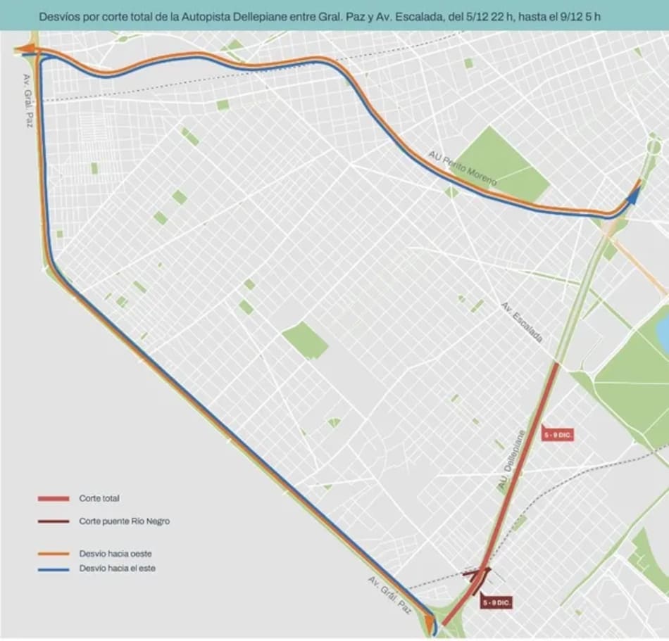 El mapa de los cortes de la Autopista Dellepiane durante el fin de semana largo.