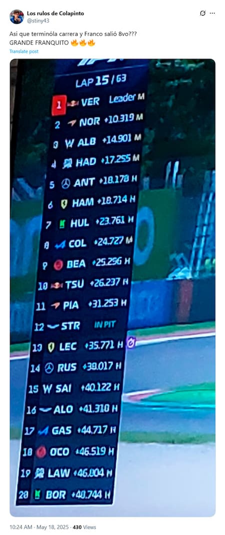 Los mejores memes de Franco Colapinto. Fotos: X.