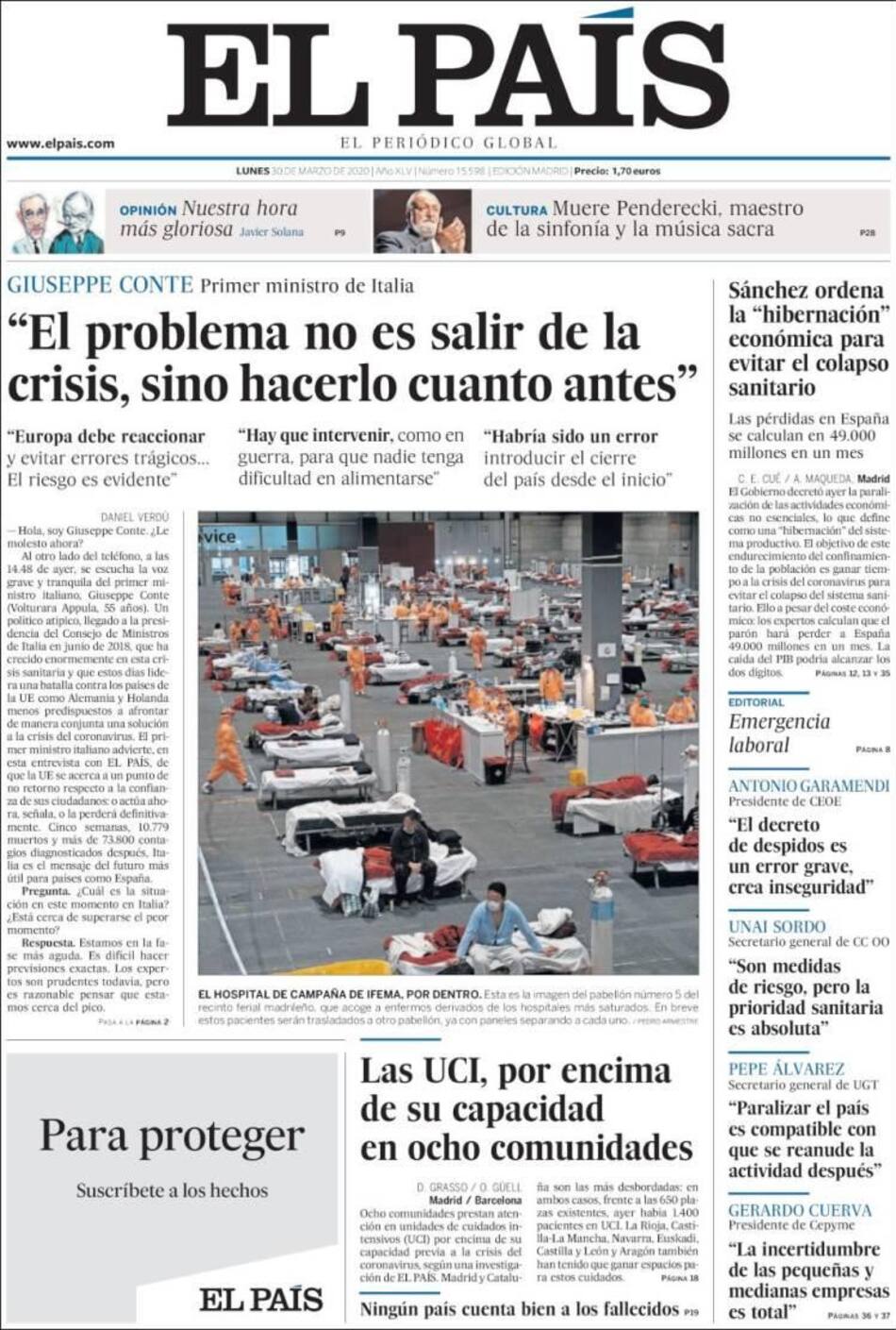 Tapas de diarios, El País, lunes 30 de marzo de 2020