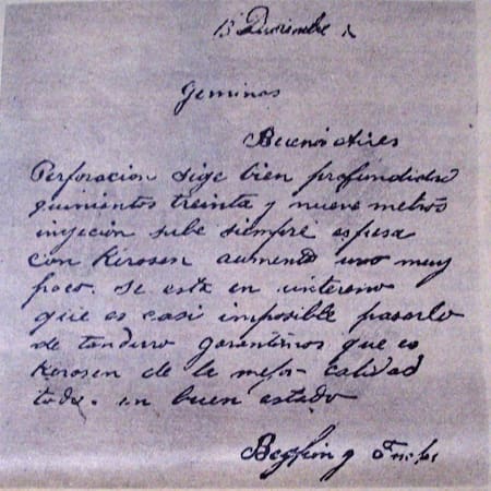 Carta donde Beghin y Fuchs comunican el hallazgo de petróleo
