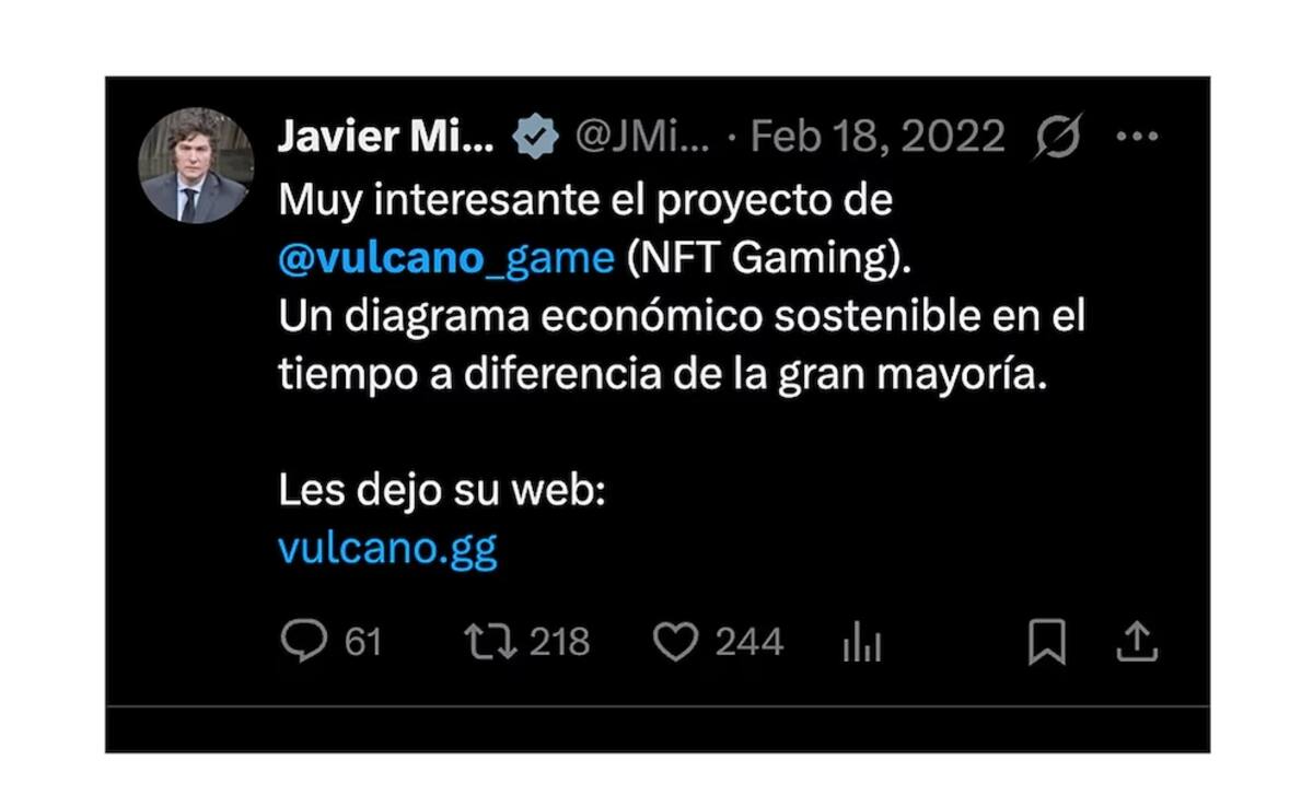 Tuit de Javier MIlei promocionando el videojuego VULCANO