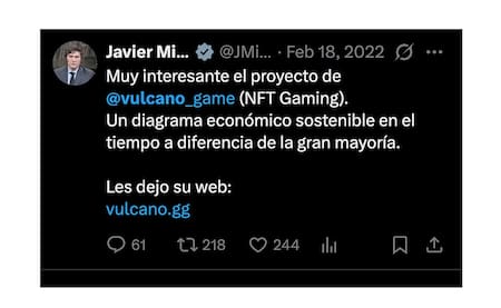 Tuit de Javier MIlei promocionando el videojuego VULCANO