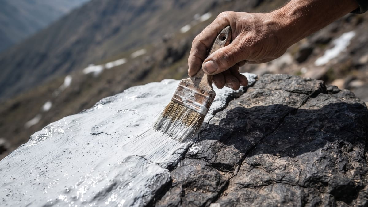 Hombre pinta de blanco una montaña en Perú.