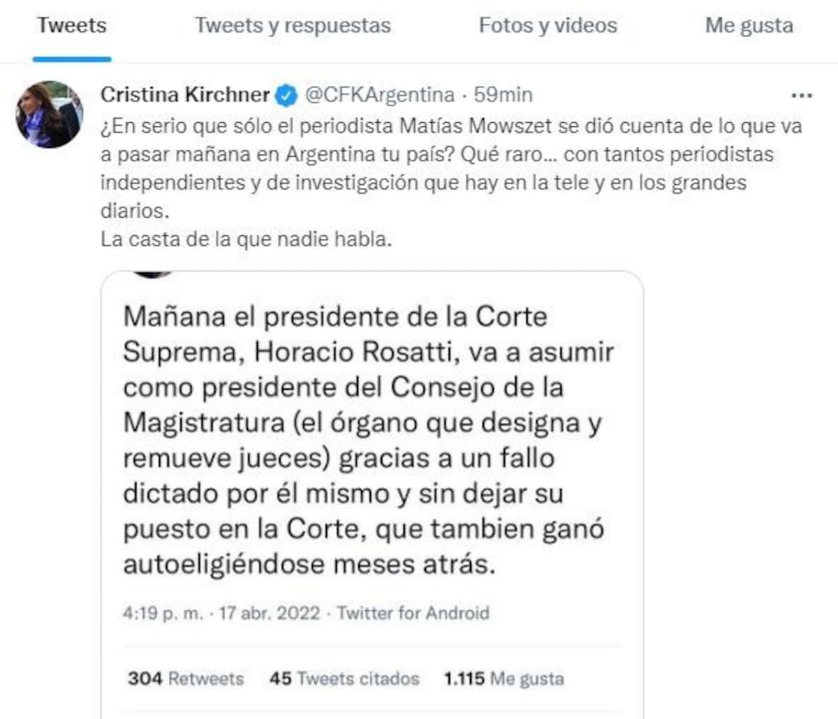 Tuit de Cristina Fernández de Kirchner, vice presidenta de la Nación, Gobierno, Twitter