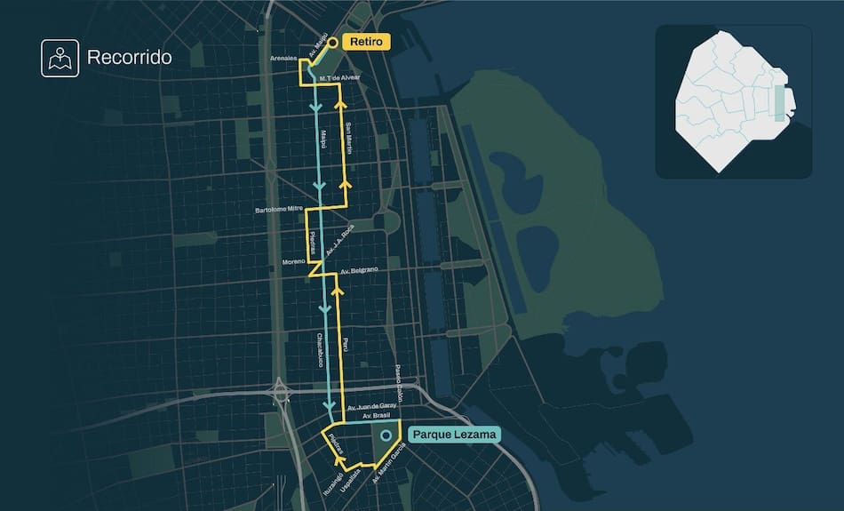 Recorrido de los colectivos eléctricos que funcionarán en la Ciudad de Buenos Aires. Foto: x pberecia.