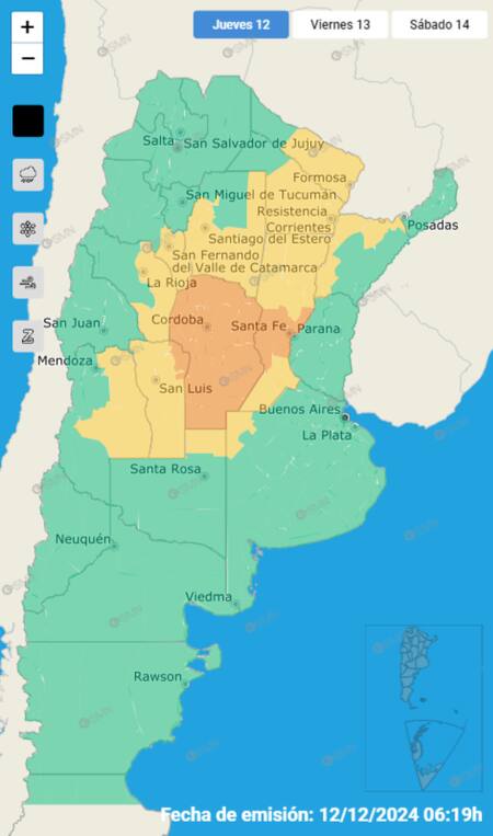 Alerta amarilla y naranja por tormentas fuertes. Foto: SMN.