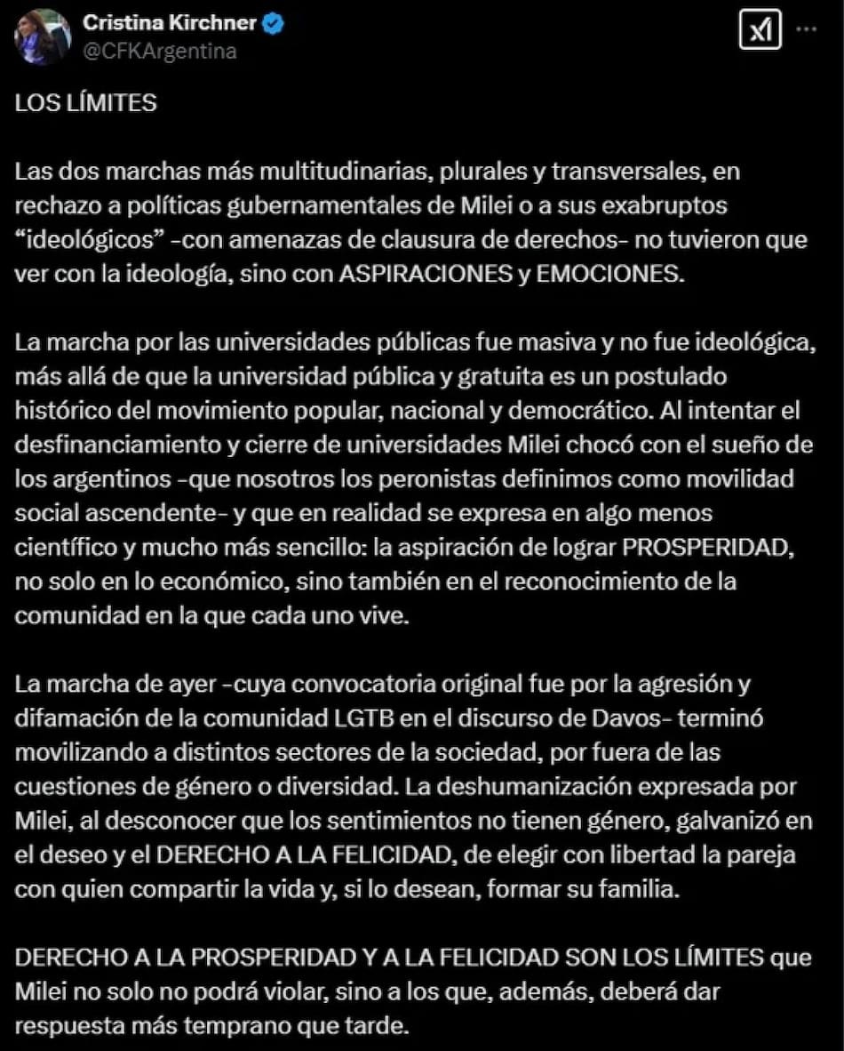 Cristina Kirchner celebró la Marcha Federal LGBTQ+ y criticó a Milei: "El derecho a la prosperidad y a la felicidad son los límites".