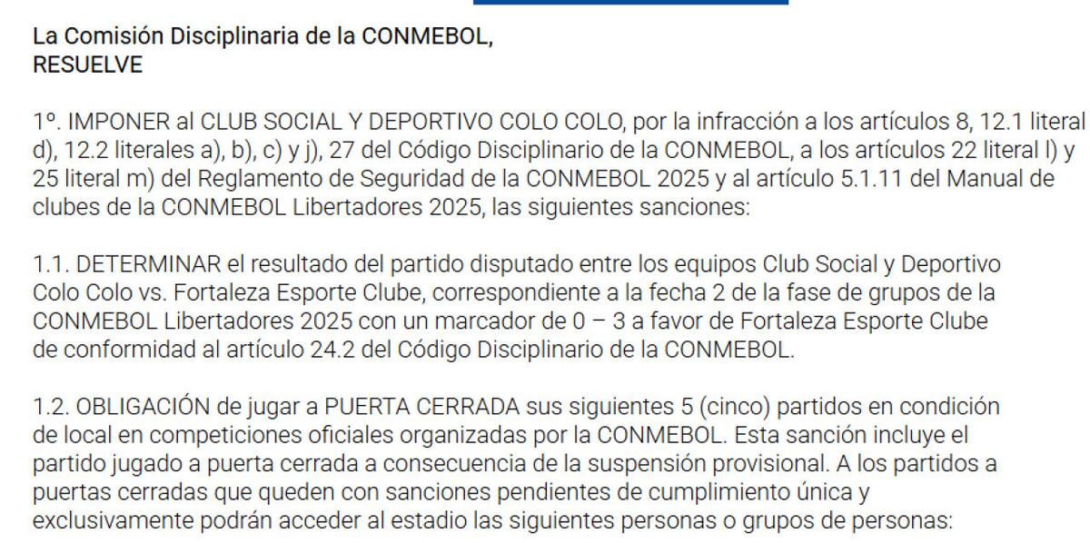 Fallo de la Conmebol tras los incidentes en el partido entre Colo Colo y Fortaleza.