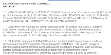 Fallo de la Conmebol tras los incidentes en el partido entre Colo Colo y Fortaleza.