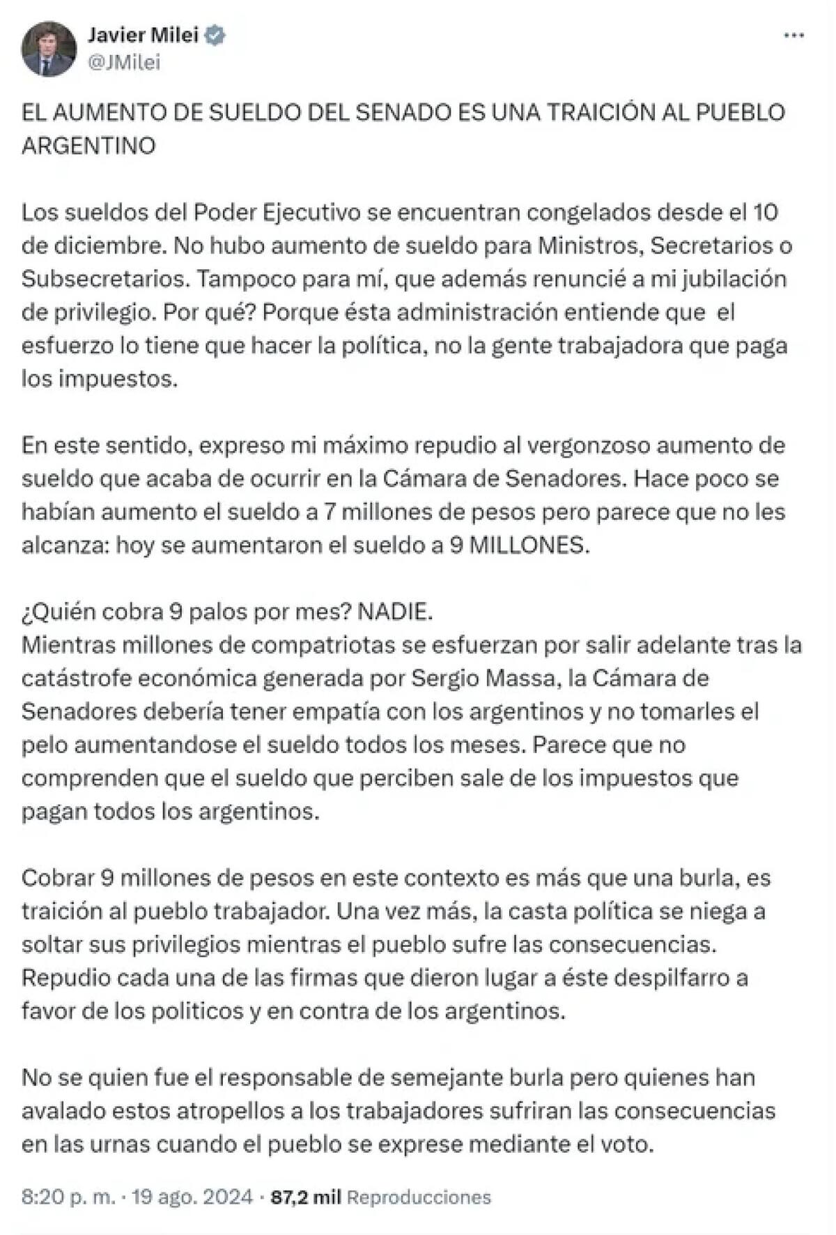 El tuit de Javier Milei por el aumento de sueldo de los senadores.