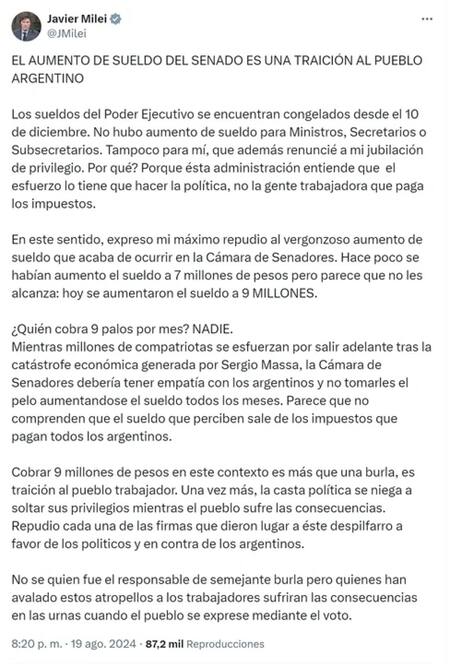 El tuit de Javier Milei por el aumento de sueldo de los senadores.