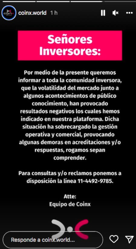 Uno de los mensajes que envió Coinx World a través de sus redes sociales para sus inversores. Foto: Instagram.