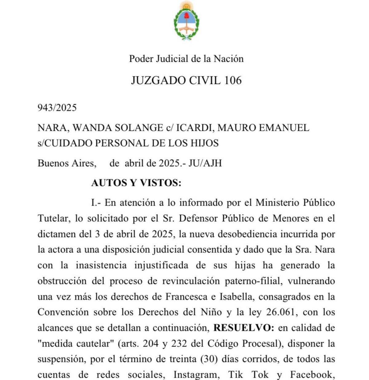 Fallo judicial sobre la suspensión de las cuentas de redes sociales de Wanda Nara.