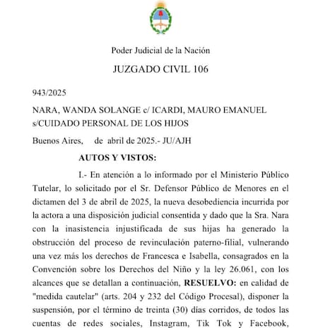 Fallo judicial sobre la suspensión de las cuentas de redes sociales de Wanda Nara.