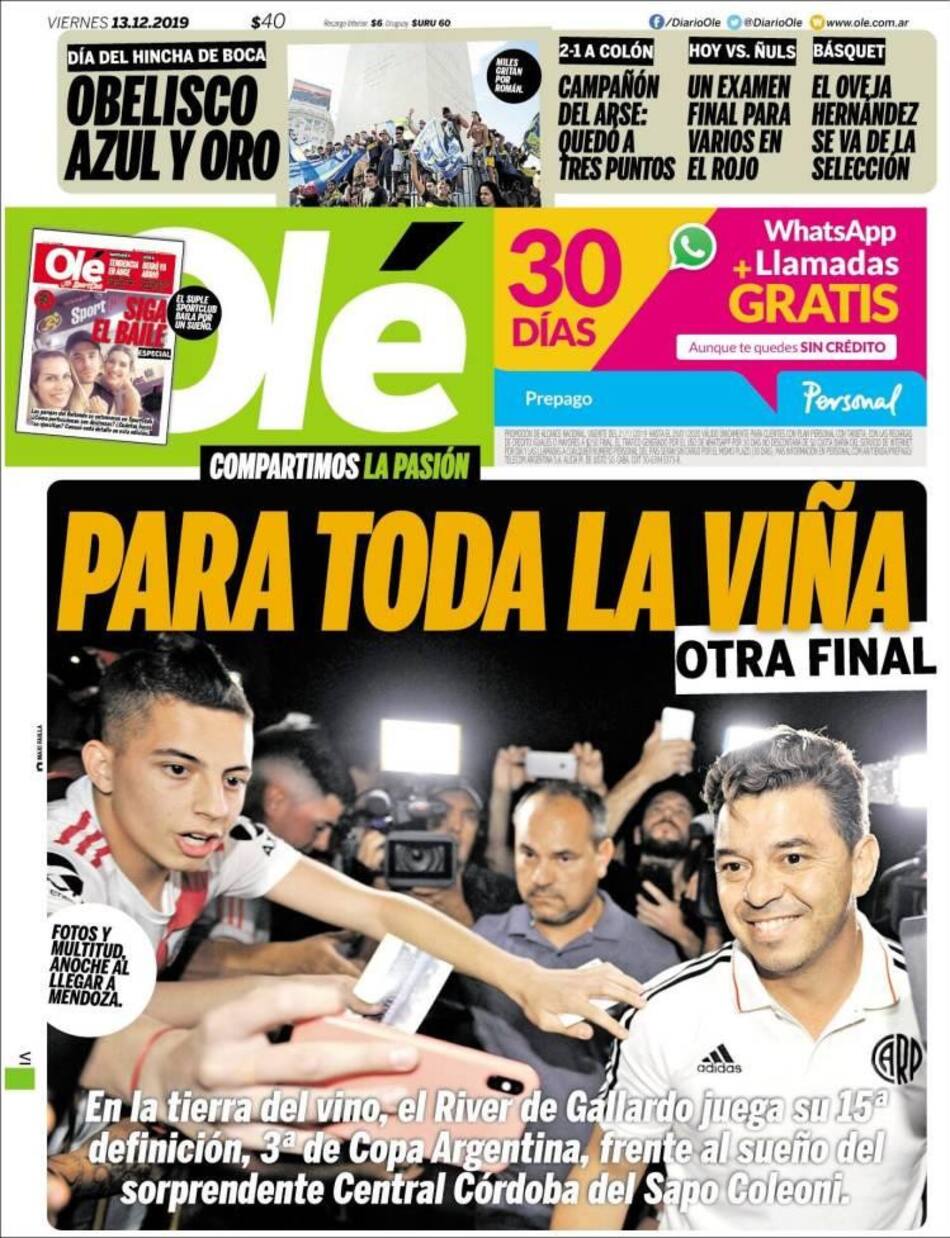 Tapas de diarios, Olé viernes 13 de diciembre de 2019