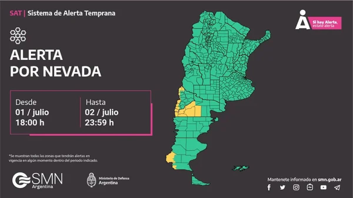 Mapa de alerta por nevadas para este martes. Foto: SMN.