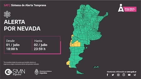 Mapa de alerta por nevadas para este martes. Foto: SMN.
