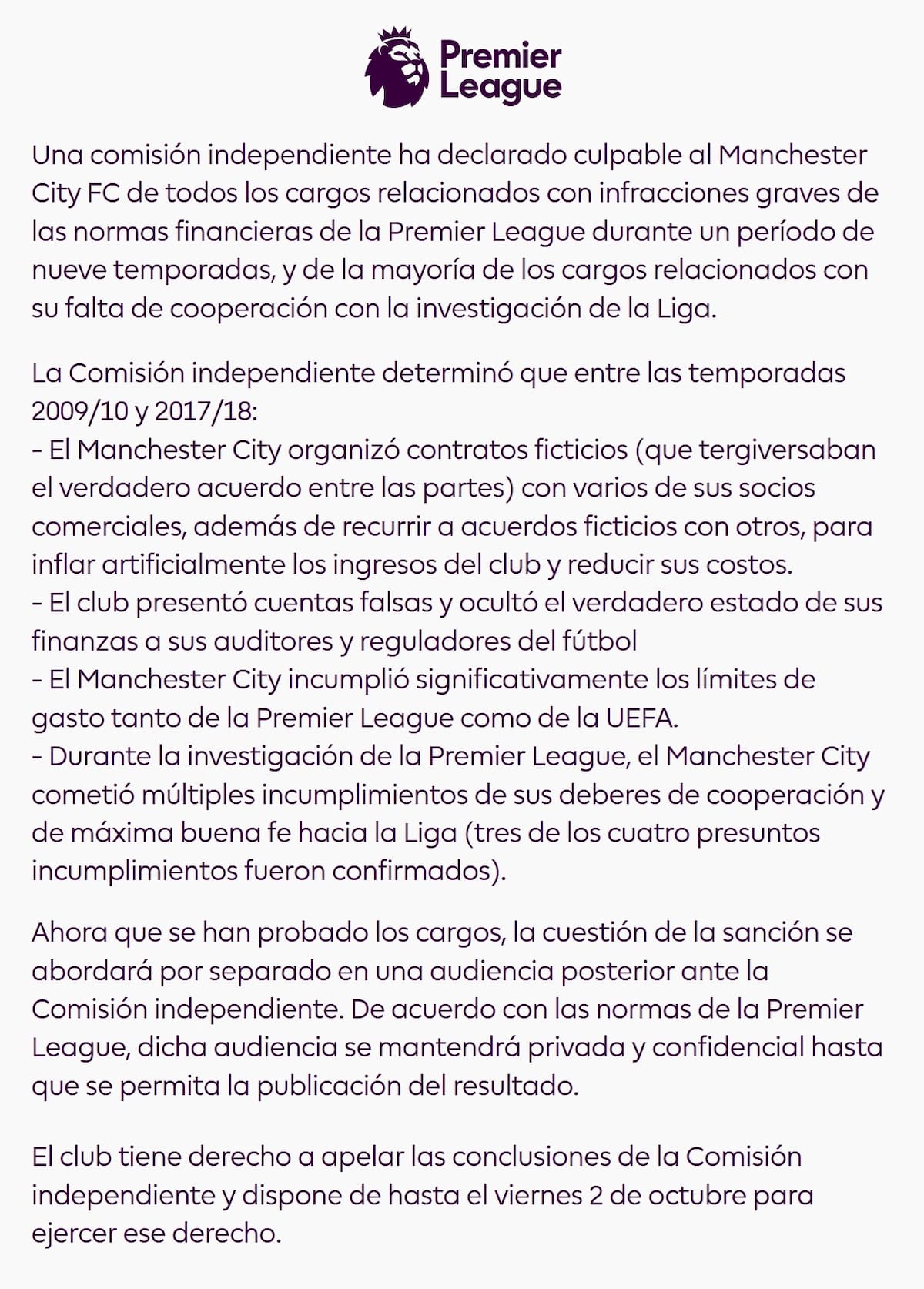 Comunicado de la Premier League por irregulairdades financieras del Mancheter City.