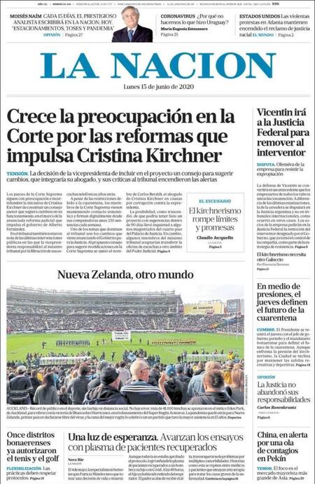 Tapas de diarios, La Nación, lunes 15 de junio de 2020