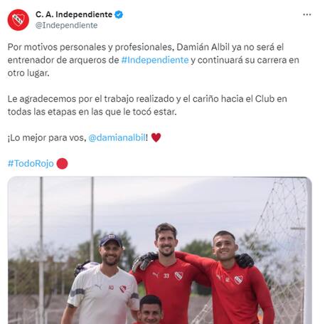 Publicación de Independiente ante la renuncia de Damián Albil. Foto: Twitter.