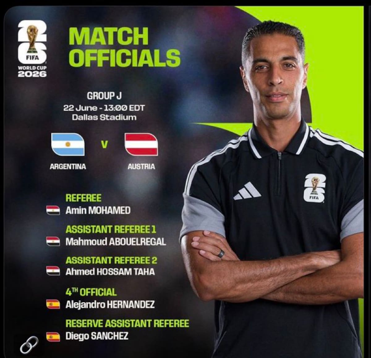 Amin Mohamed, árbitro del duelo entre Argentina y Austria.