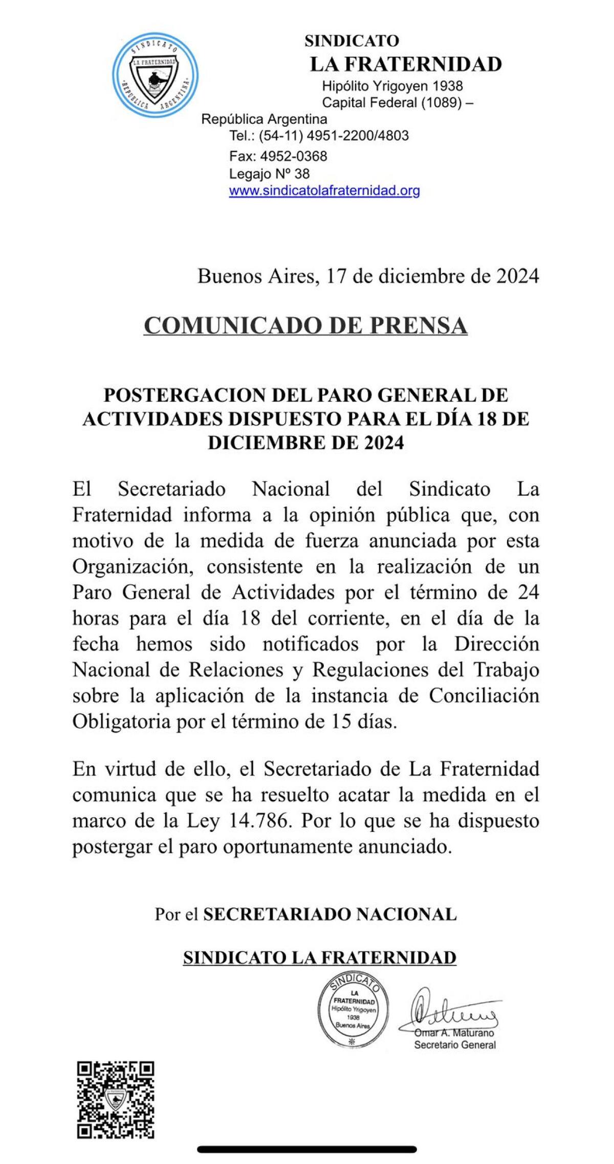 El comunicado que informa que se levantó el paro de trenes