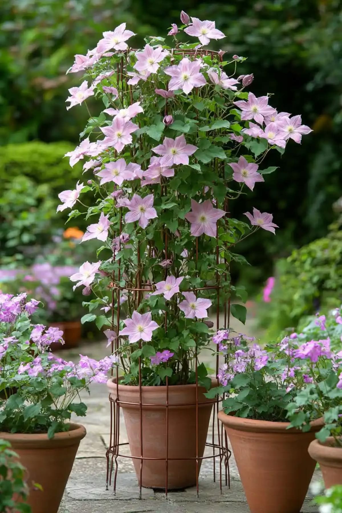 La clematis es una planta trepadora que se puede cultivar en maceta y decorar muros, pérgolas y cercos con sus llamativas flores de tonos violetas.