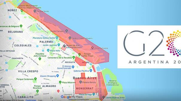 Mapa de Buenos Aires con todos los cortes de calles por el G20