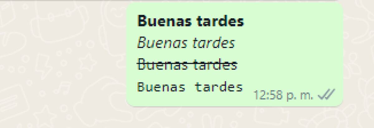 Ejemplos de distintos formatos de texto de WhatsApp. Foto: WhatsApp.