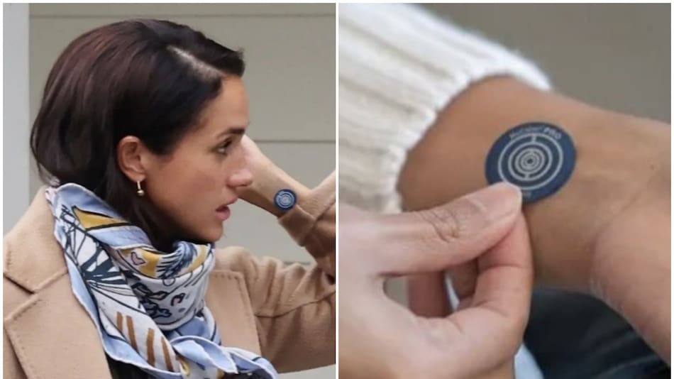 Meghan Markle y su parche antiestrés. Fotos: Twitter/DuchessMeghan__ - @KatieCPhilips.