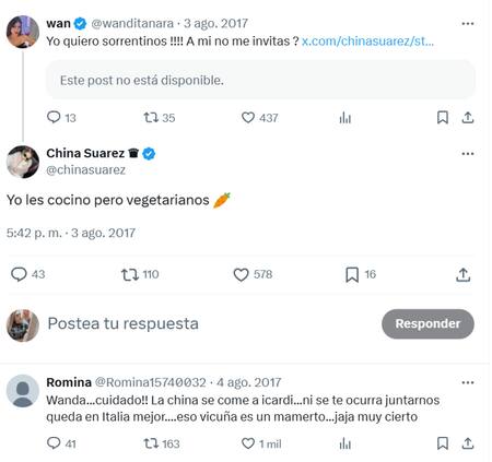 El tuit viral entre Wanda Nara y la China Suárez. Foto: X.