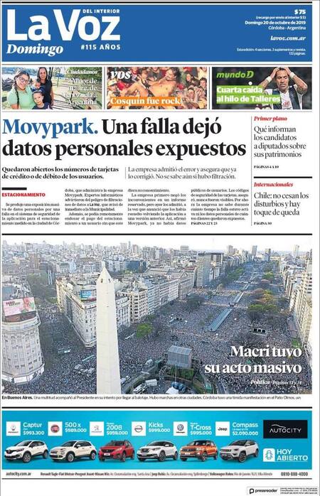 Tapas de Diarios, La Voz, Domingo 20-10-19
