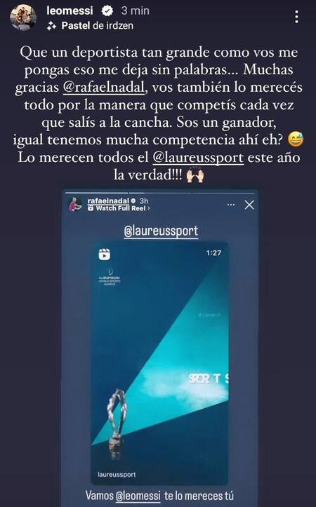 Mensaje de Lionel Messi para Rafael Nadal por el premio Laureus. Foto: @leomessi.