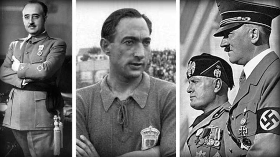 Francisco Franco, Isidro Lángara, Benito Mussolini y Adolf Hitler.