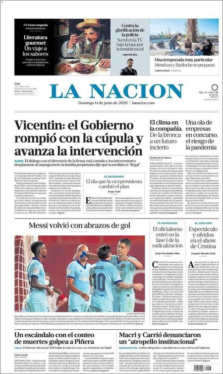 Tapa de diarios, La nación domingo 14 de junio de 2020