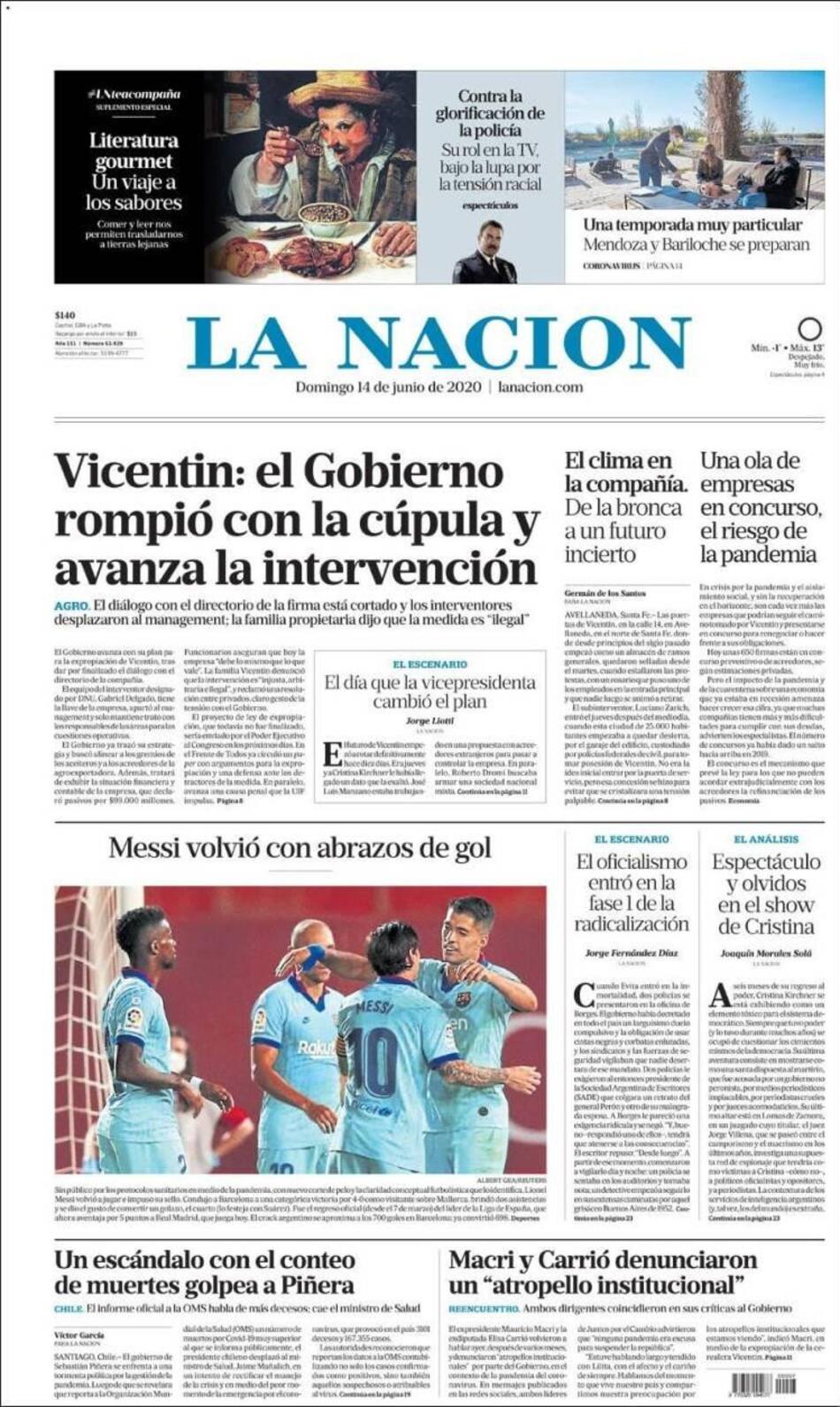 Tapa de diarios, La nación domingo 14 de junio de 2020