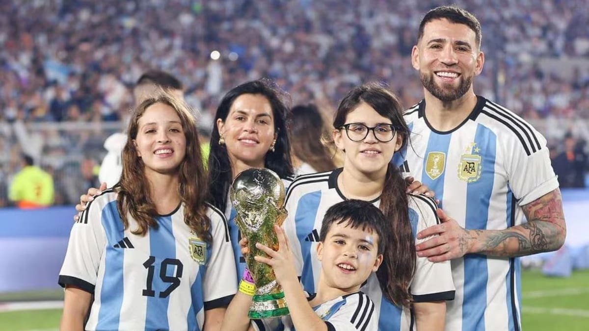 La familia de Nicolás Otamendi está conformada por su esposa Celeste Rey y sus hijos Morena, Mía y Valentín