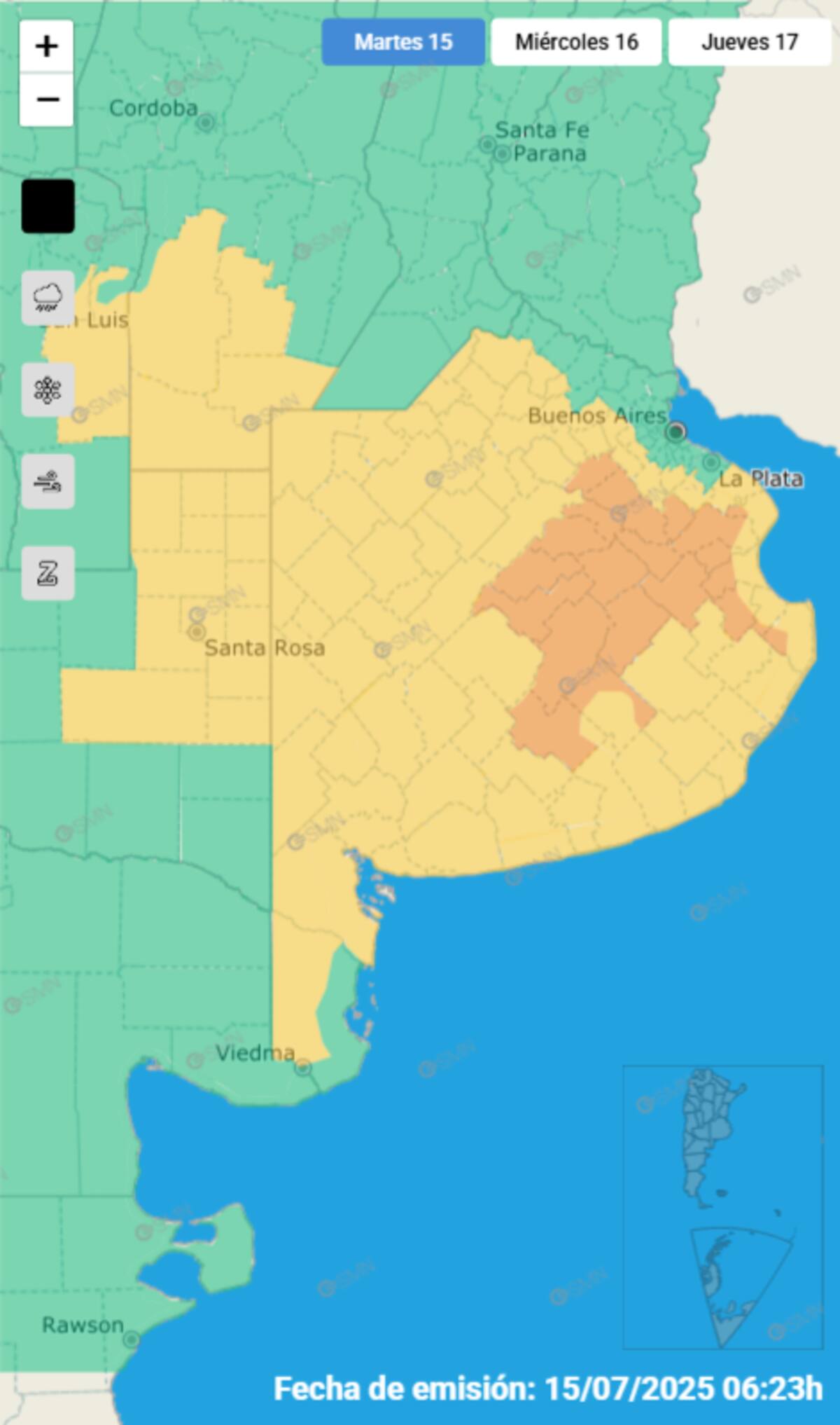 Cuatro provincias están en alerta por tormentas fuertes.