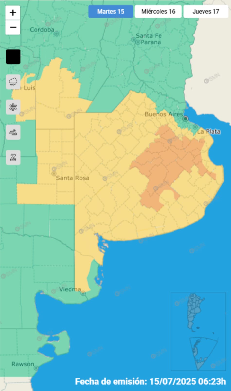 Cuatro provincias están en alerta por tormentas fuertes.