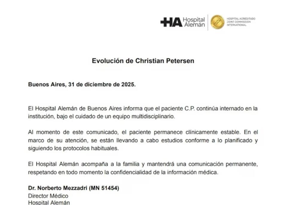 Parte médico de Christian Petersen - 31 de diciembre de 2025.