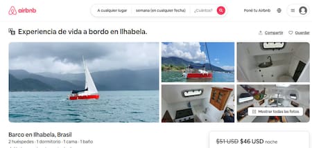 Dormir en barco en las playas de Brasil por 46 dólares la noche para 2 personas. Foto AIRBNB