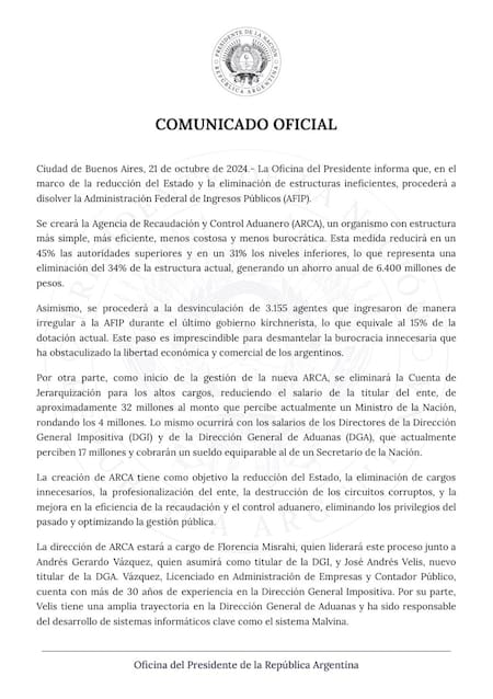 El comunicado del Gobierno sobre la disolución de la AFIP.