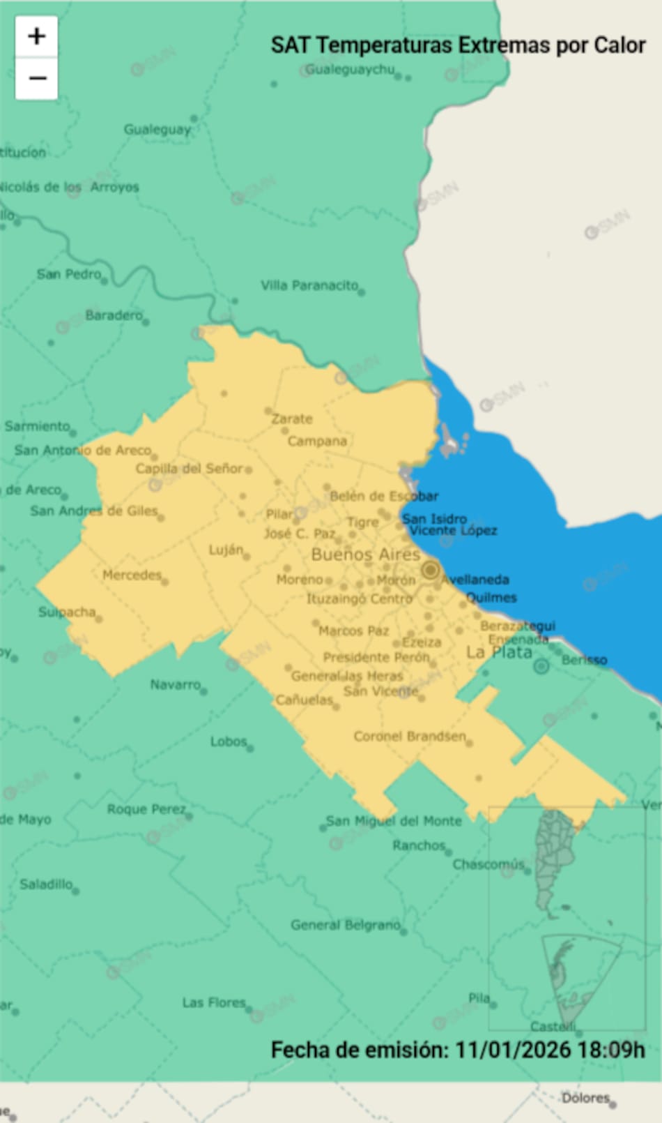 Alerta amarilla por altas temperaturas sobre Buenos Aires.