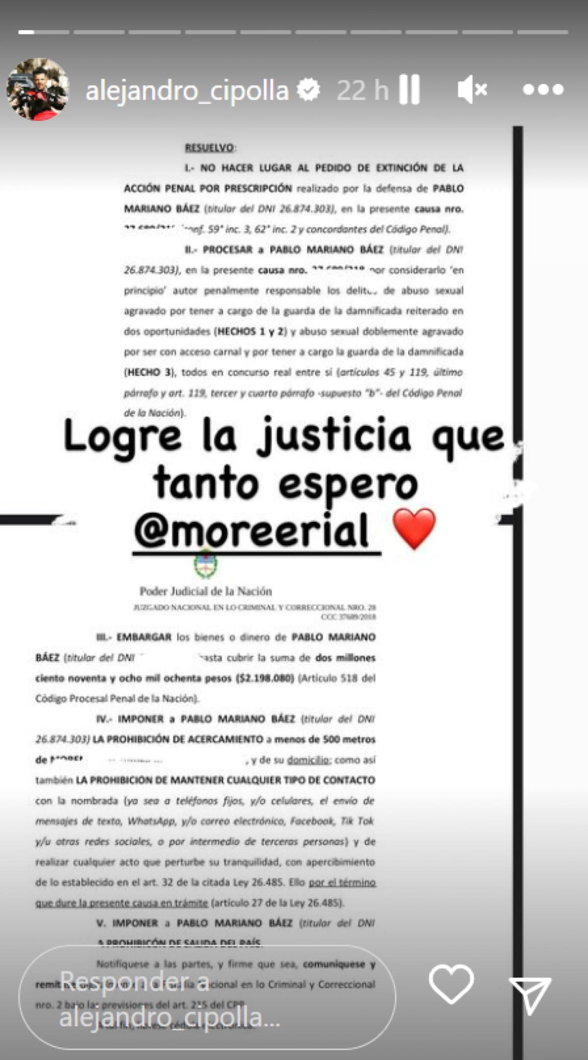 Alejandro Cipolla luego del fallo judicial en el caso de exchofer de Jorge Rial. Foto: Instagram.