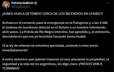 El mensaje de Patricia Bullrich tras la detención de Facundo Jones Huala. Foto: x PatriciaBullrich.